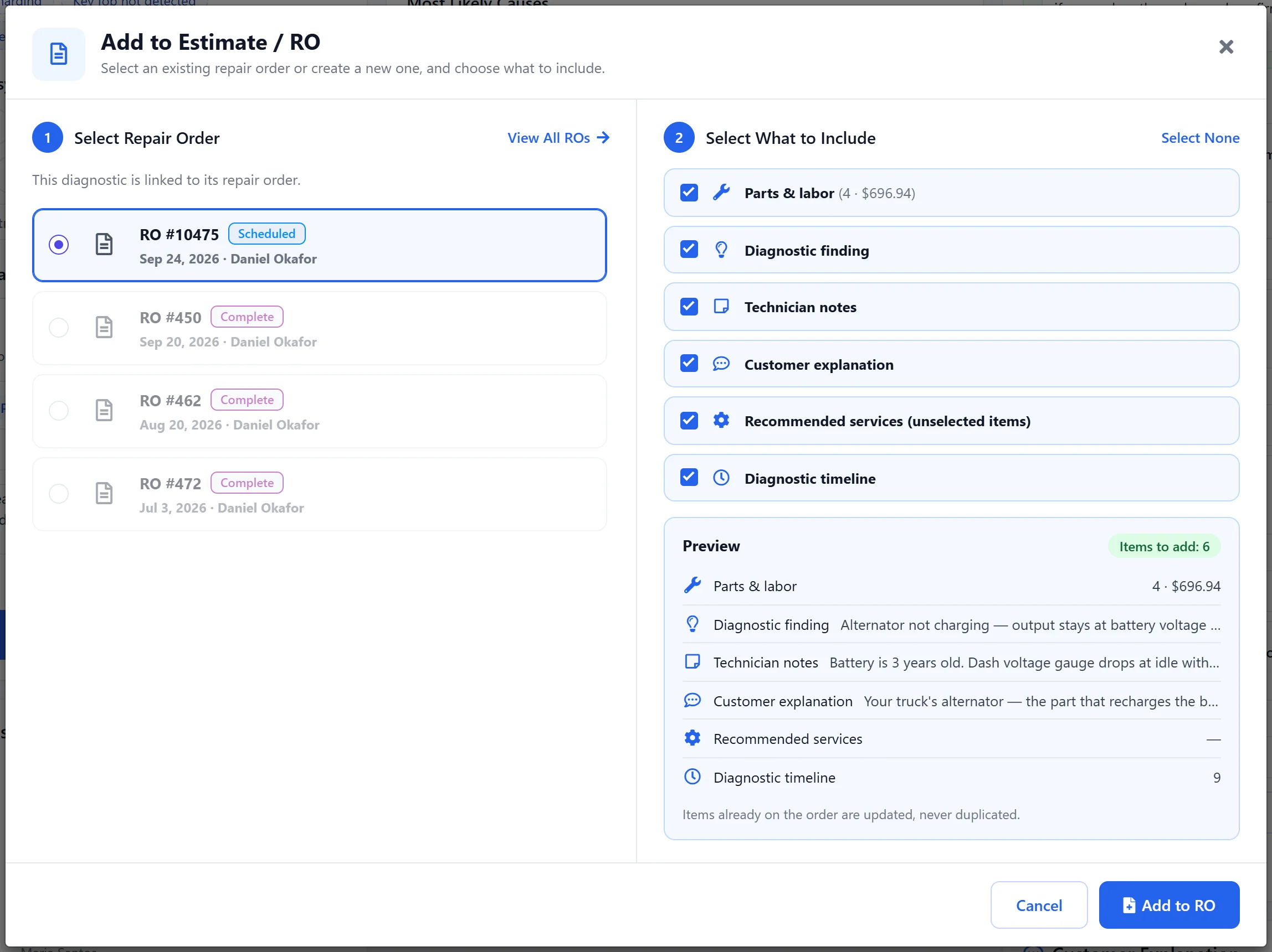 Add to Estimate / RO dialog: the linked repair order selected, checkboxes for parts and labor, diagnostic finding, technician notes, customer explanation, recommended services and diagnostic timeline, and a preview