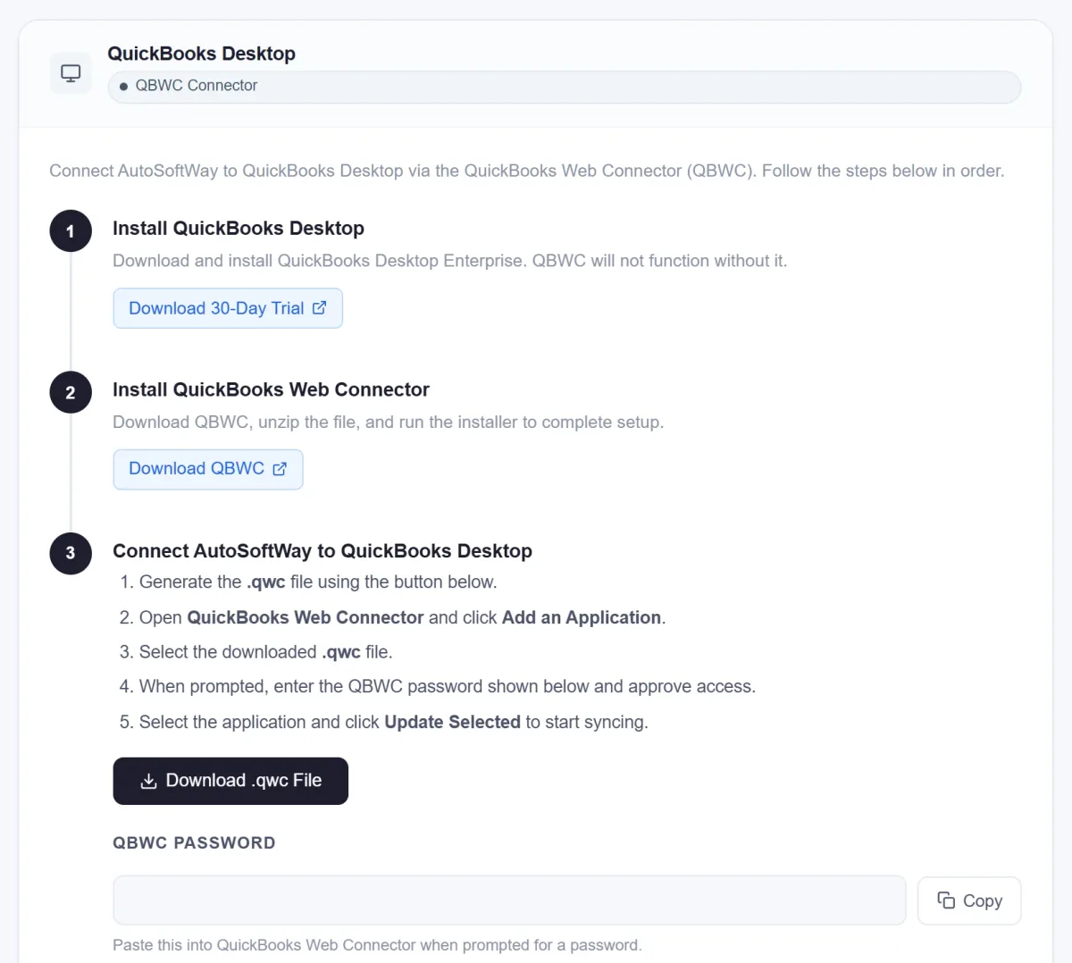 AutoSoftWay QuickBooks Desktop setup card: install QuickBooks Desktop, install QuickBooks Web Connector, generate and download the .qwc file, add it in Web Connector with the QBWC password, then click Update Selected