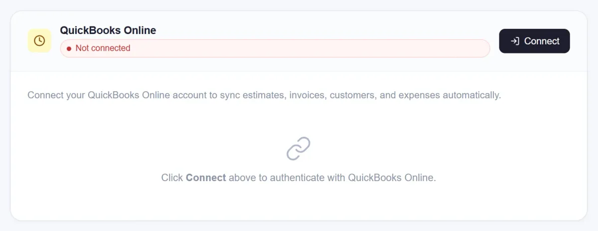 AutoSoftWay QuickBooks Online integration card with a Connect button to authenticate and sync estimates, invoices, customers and expenses