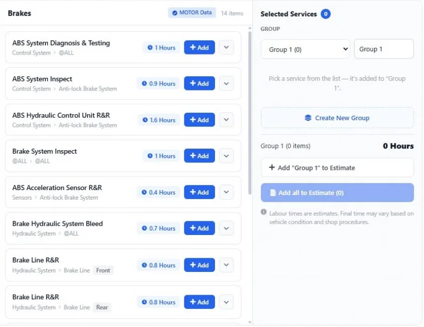 AutoSoftWay Labor Guide: Selected Services grouped, with total hours and Add all to Estimate