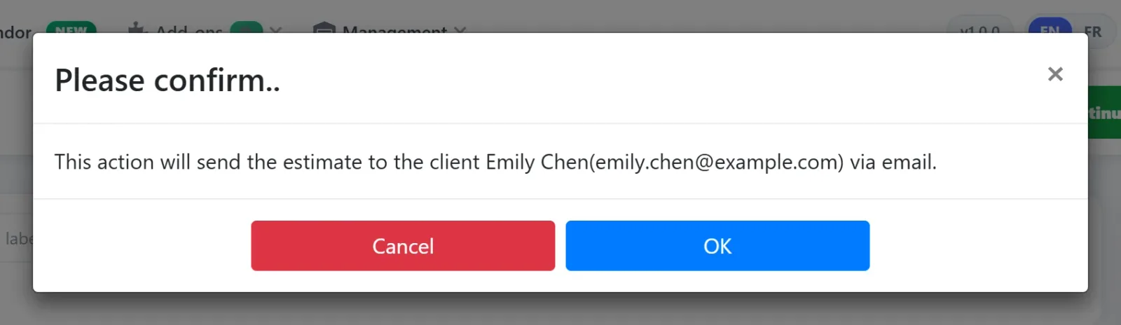 AutoSoftWay confirmation dialog: "This action will send the estimate to the client Emily Chen (emily.chen@example.com) via email" with Cancel and OK buttons