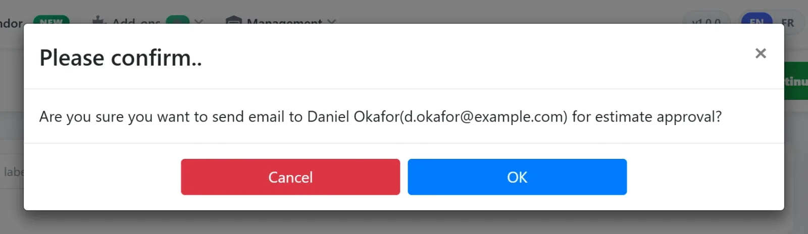 AutoSoftWay confirmation dialog: "Are you sure you want to send email to Daniel Okafor (d.okafor@example.com) for estimate approval?" with Cancel and OK buttons