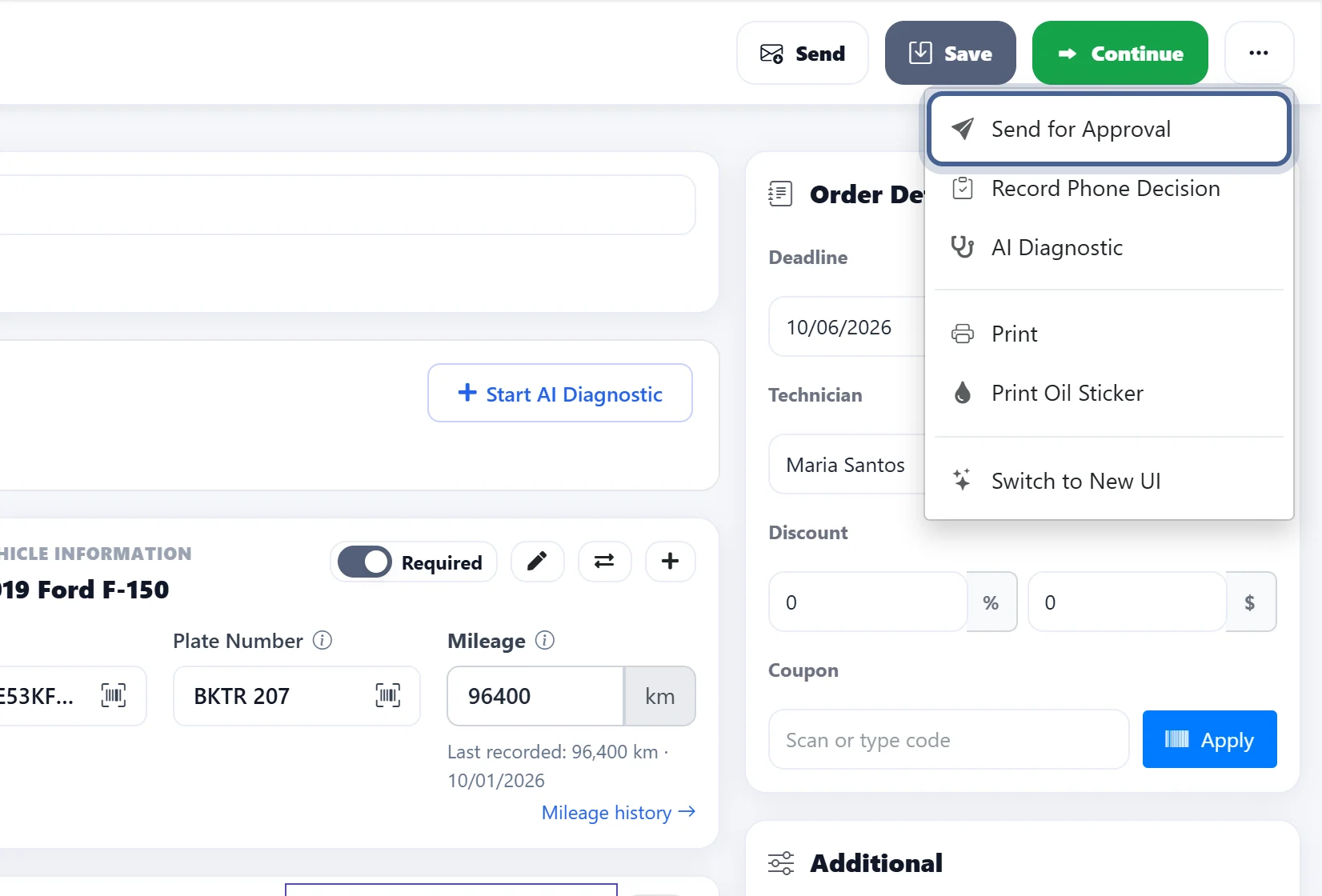 Approval button at the top of an estimate