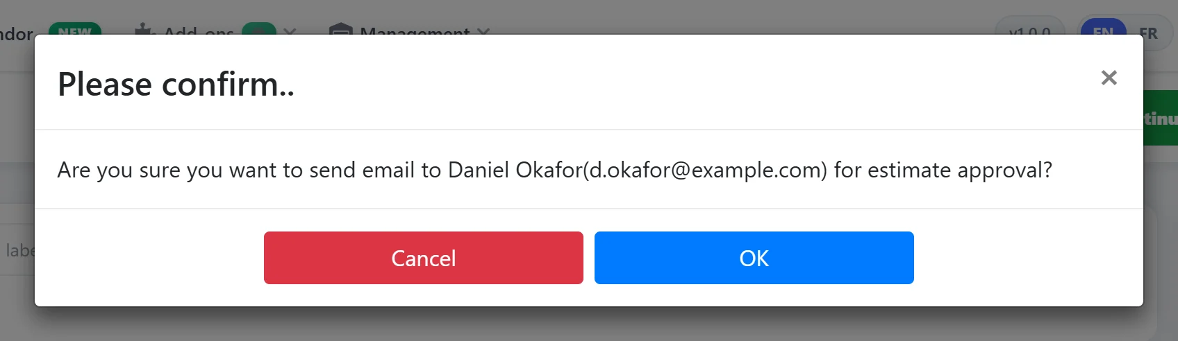 Confirmation asking to email the estimate to the client for approval