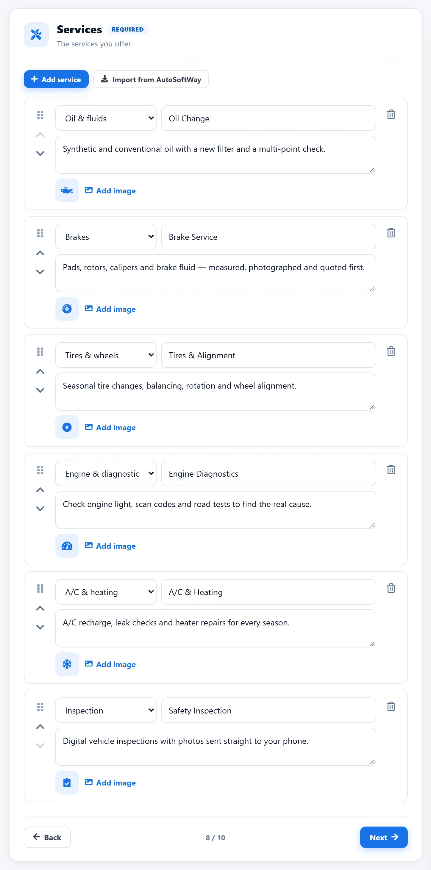 Services step of the AutoSoftWay Website Builder with Add service and Import from AutoSoftWay buttons and six services, each with an icon, name, description and image