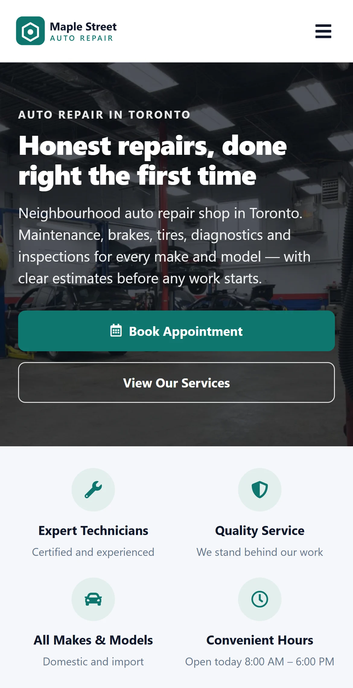 Maple Street Auto website on a phone: logo, menu, hero headline with Book Appointment and View Our Services buttons, and the shop highlights