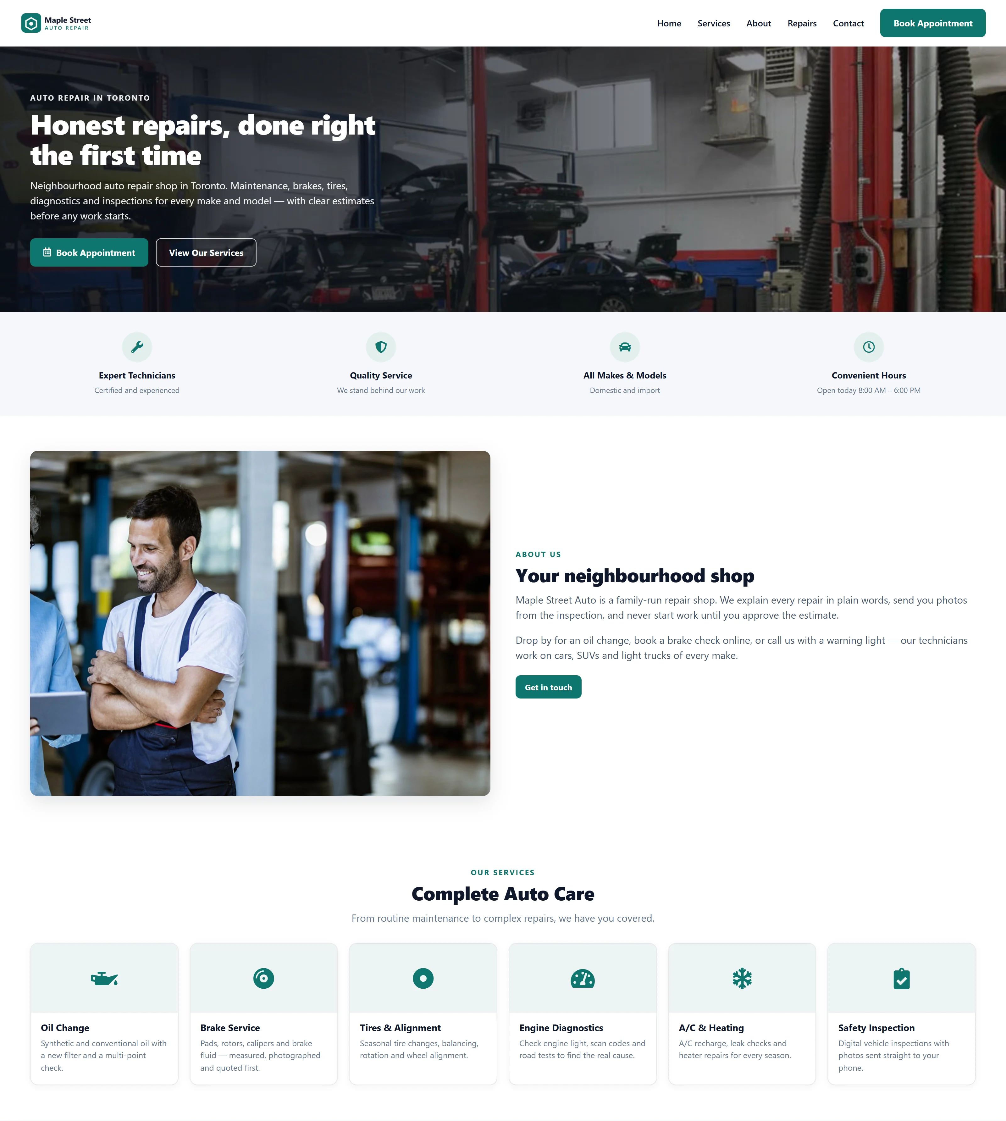 Published Maple Street Auto website built with the AutoSoftWay Website Builder: header with Book Appointment, hero photo of the service bays, highlights, about us and six service cards