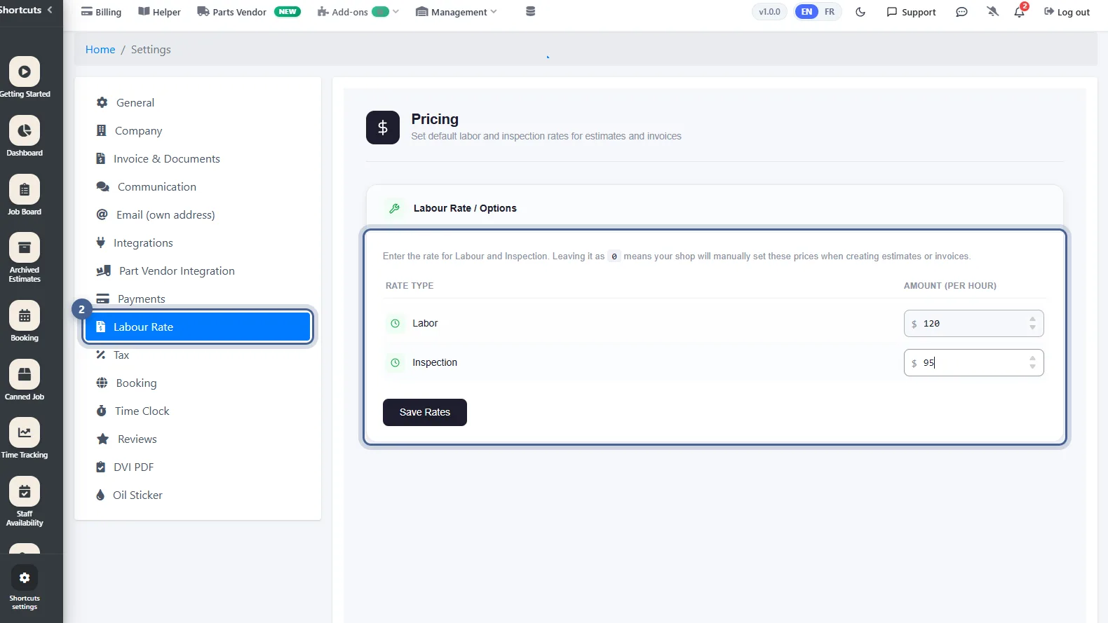 AutoSoftWay Settings, Labour Rate page with the shop Labor rate set to $120 per hour and the Inspection rate to $95 per hour