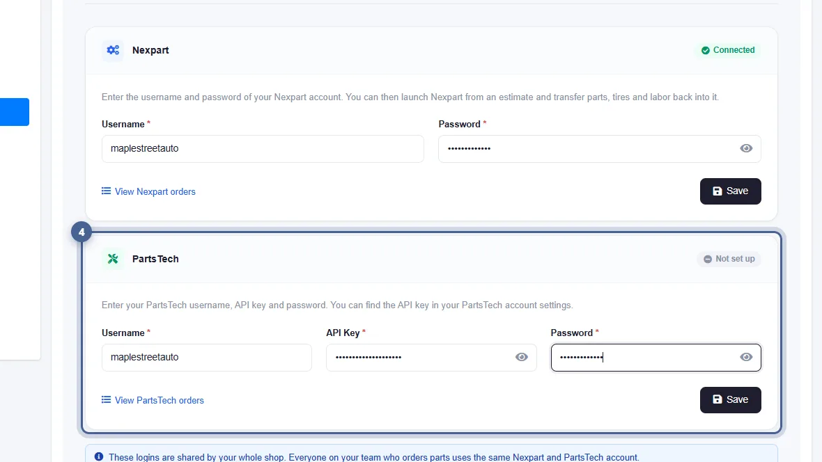 Step 4: Enter your PartsTech details and save