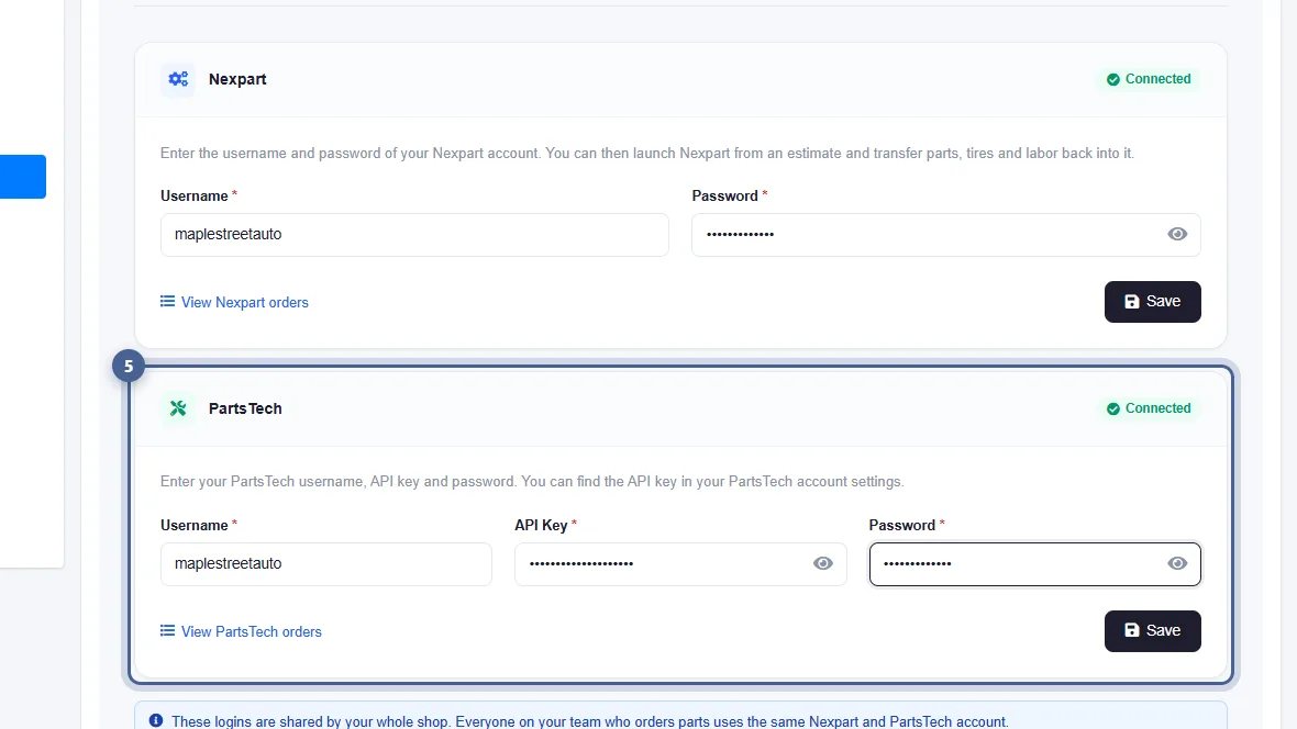 AutoSoftWay Part Vendor Integration settings with the PartsTech card showing Connected, the username, API key and password fields, and a View PartsTech orders link