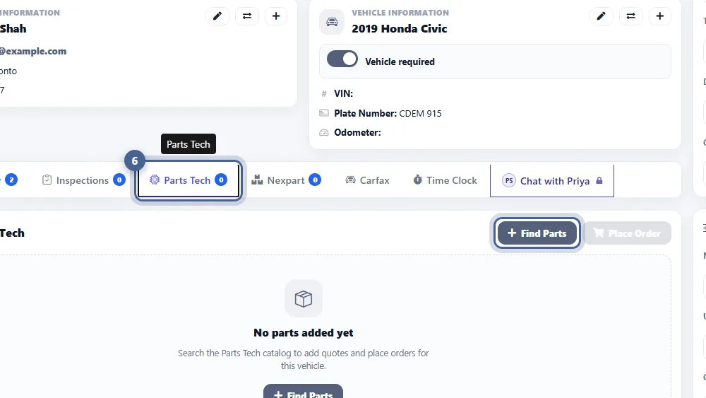 AutoSoftWay estimate for a 2019 Honda Civic with the Parts Tech tab open and the Find Parts button highlighted