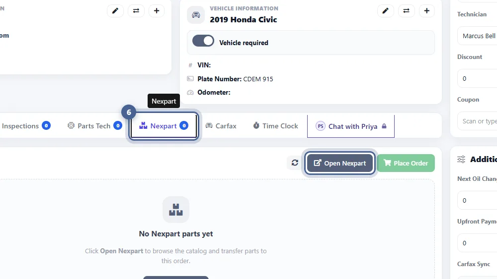 AutoSoftWay estimate for a 2019 Honda Civic with the Nexpart tab open and the Open Nexpart button highlighted