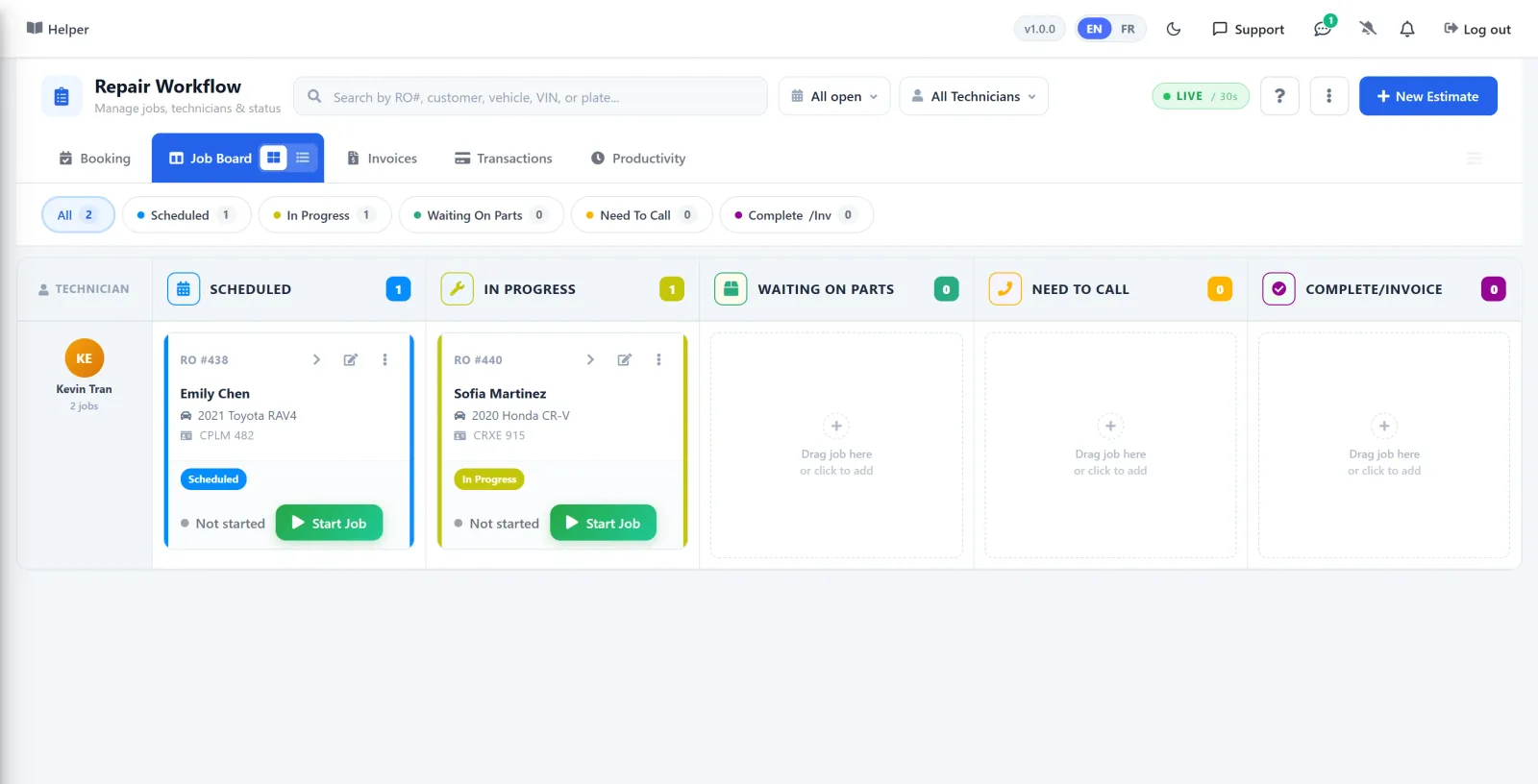 AutoSoftWay Job Board for technician Kevin Tran: his two repair orders, RO #364d75 (Scheduled) and RO #440 (In Progress), each with a Start Job button, across Scheduled, In Progress, Waiting On Parts, Need To Call and Complete/Invoice columns