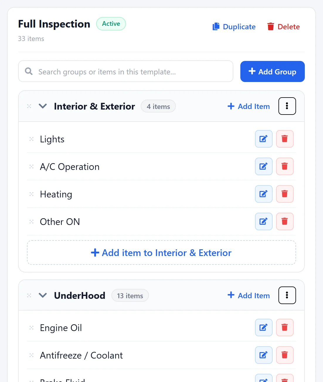 AutoSoftWay template builder: groups with items, Add Group and Add Item
