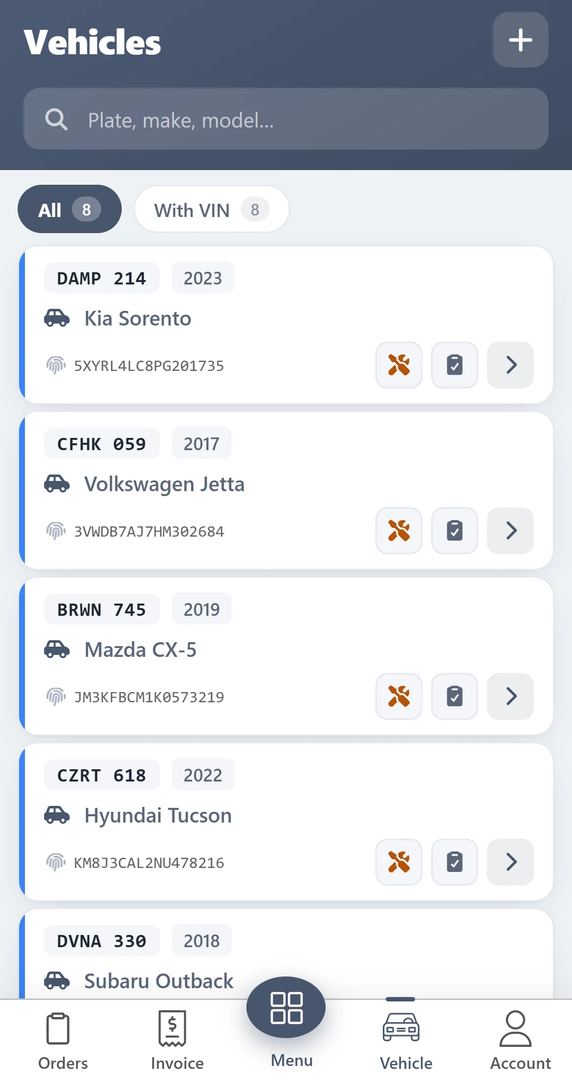 Vehicle list with plate, year, make, model and VIN
