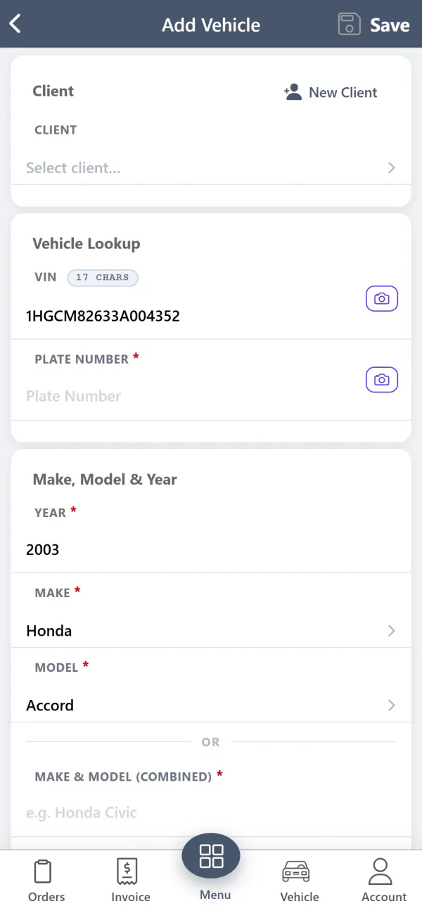 AutoSoftWay mobile app Add Vehicle form with a scanned 17-character VIN and the year, make and model filled in