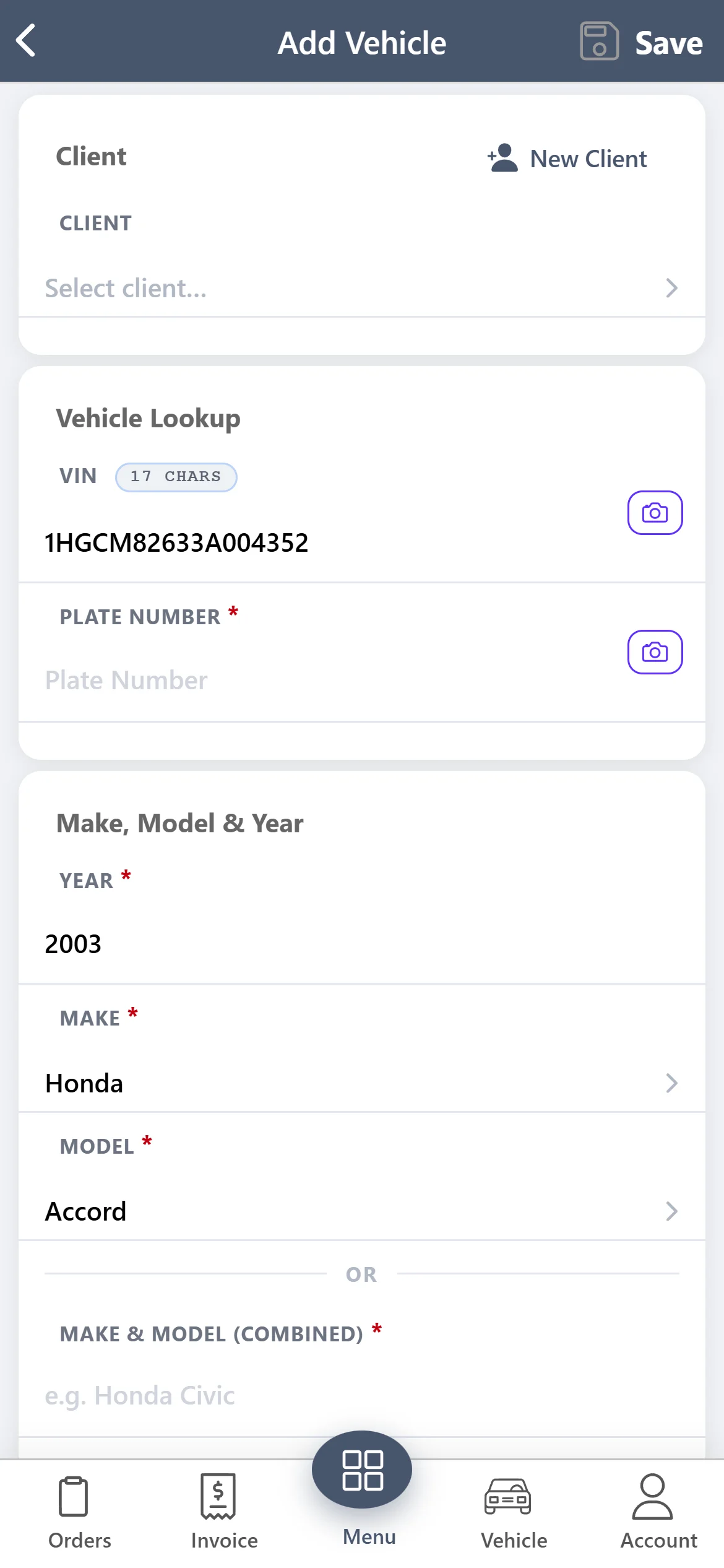 AutoSoftWay mobile app Add Vehicle screen: VIN 1HGCM82633A004352 entered with a camera scan button, and year 2003, make Honda and model Accord decoded from it