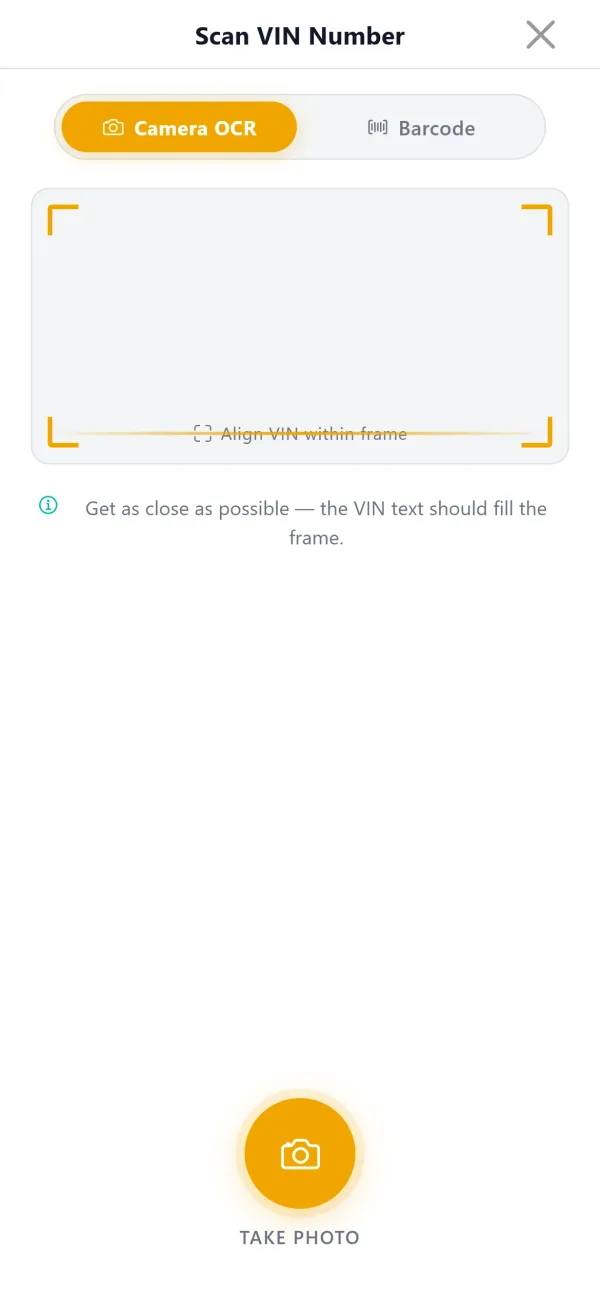 AutoSoftWay mobile app Scan VIN Number screen with Camera OCR and Barcode modes, a frame to align the VIN and a Take Photo button