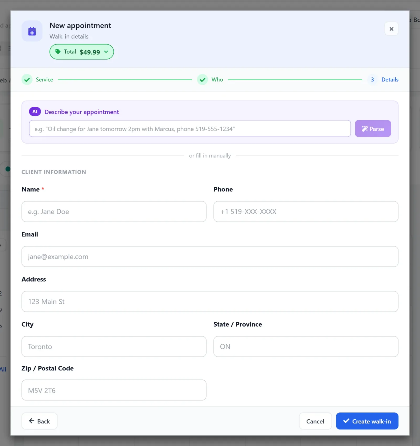 New appointment walk-in details step: an AI "Describe your appointment" box with a Parse button, then manual client name, phone, email and address fields and a Create walk-in button