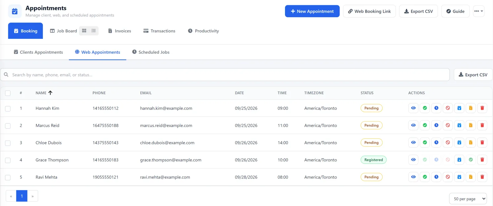 AutoSoftWay Appointments page, Web Appointments tab: online booking requests listed with name, phone, email, date, time, status and action buttons