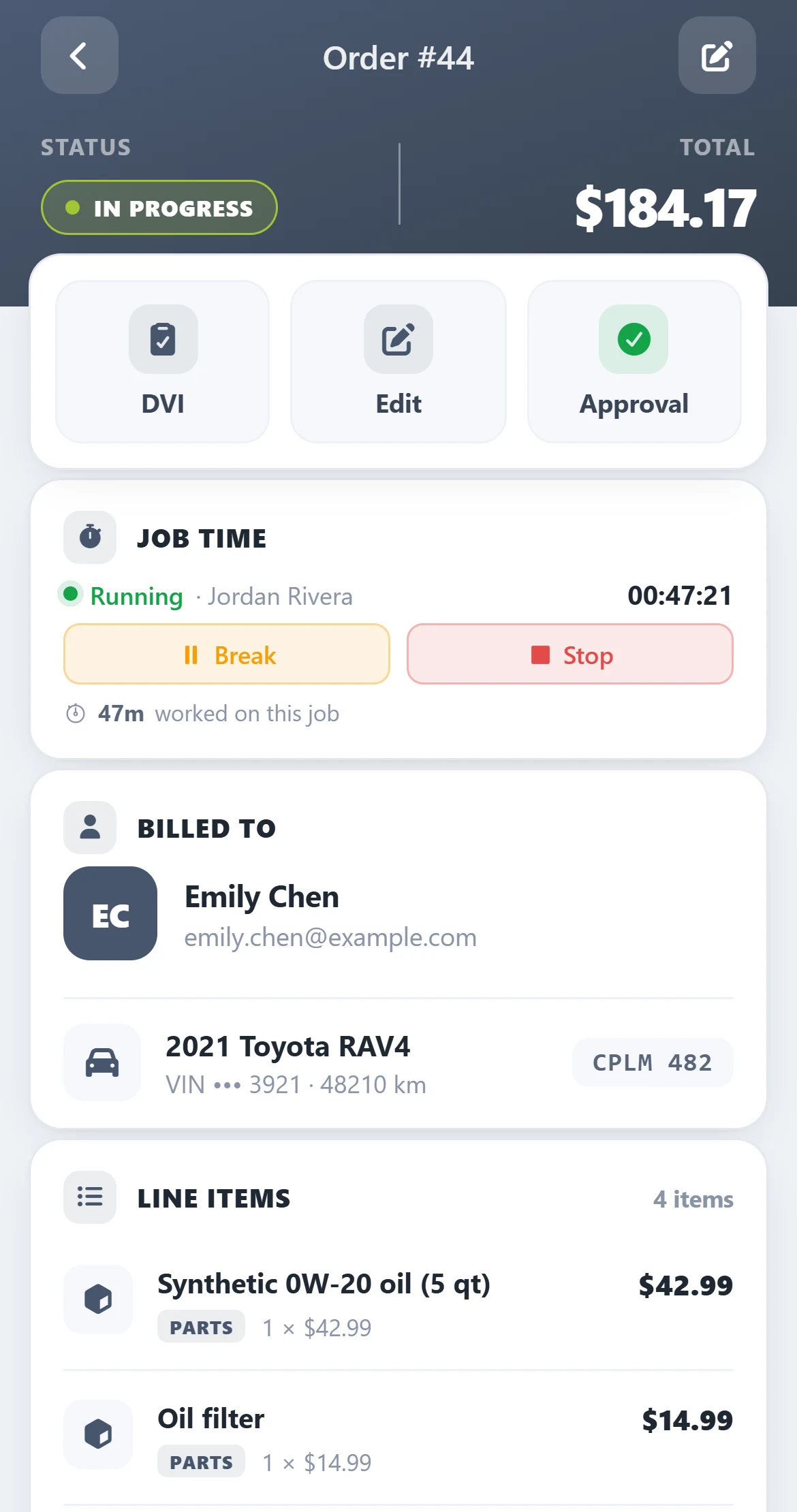 Work order with a running job clock, customer, vehicle and line items