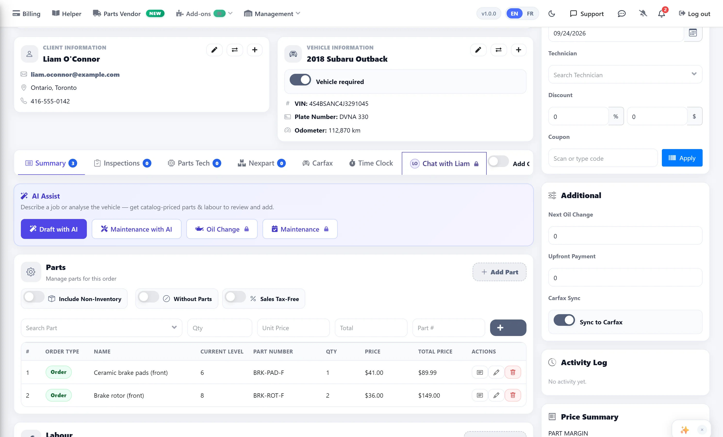 AutoSoftWay estimate showing client and vehicle details, the Parts Tech and Nexpart tabs, and the parts list with part numbers, quantities and prices