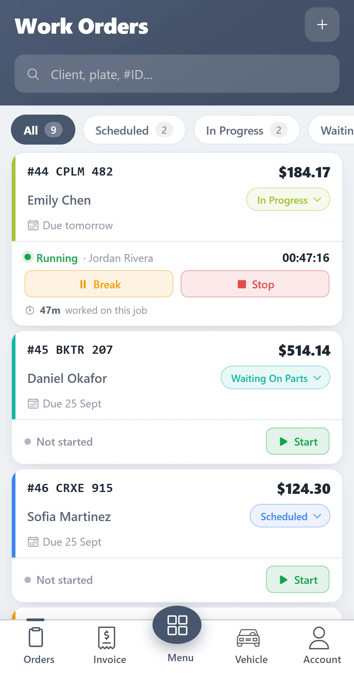 AutoSoftWay mobile app Work Orders list: status filters, a job running on the clock with Break and Stop buttons, and scheduled jobs with Start buttons
