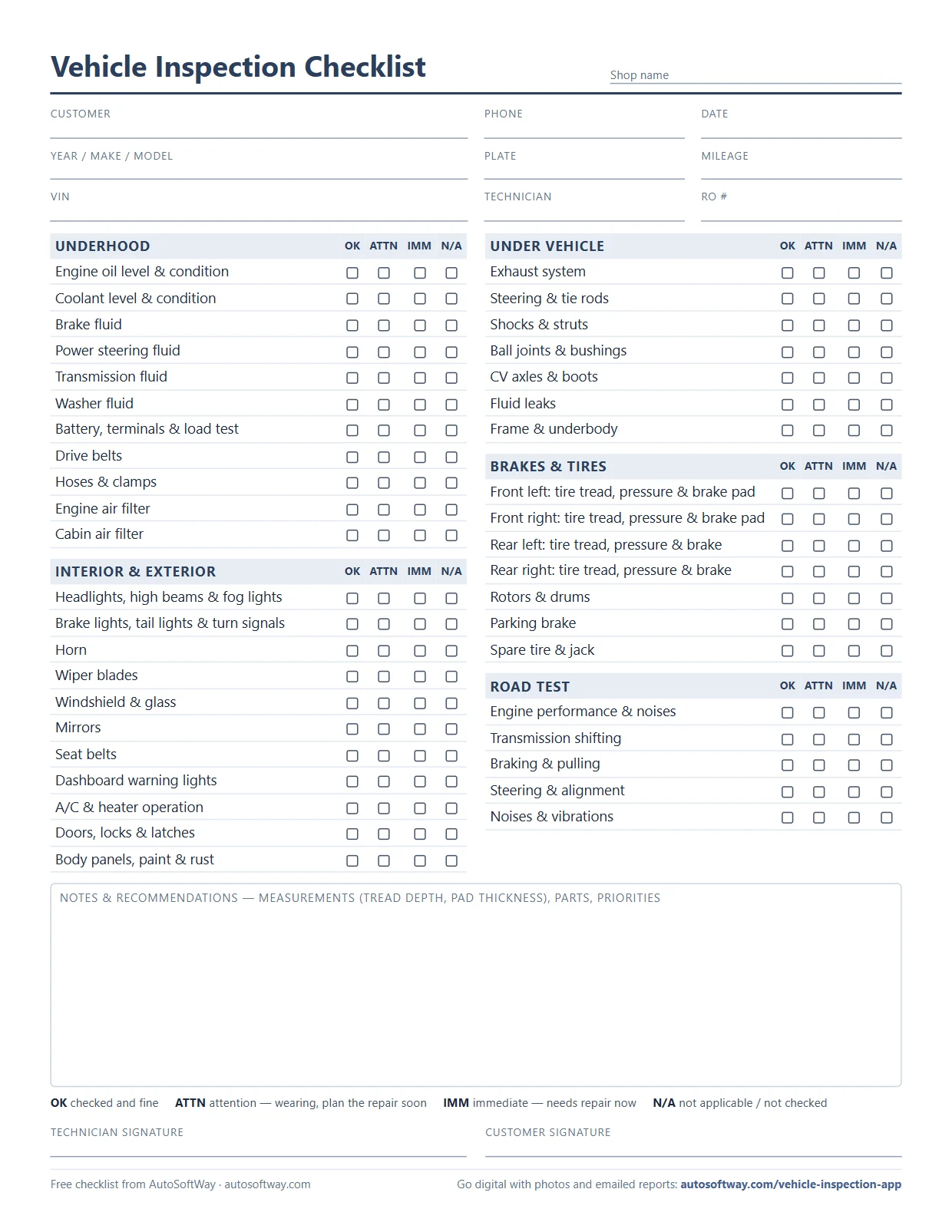 Free vehicle inspection checklist PDF: underhood, interior & exterior, under vehicle, brakes & tires and road test