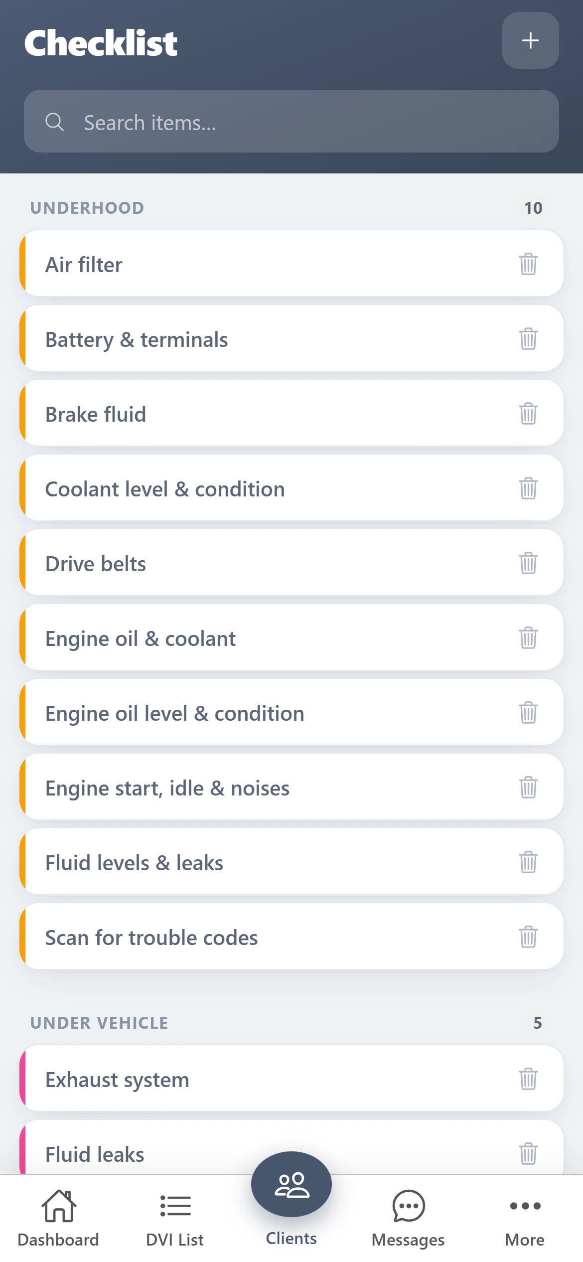 ASW DVI: checklist items grouped by area — underhood, under vehicle