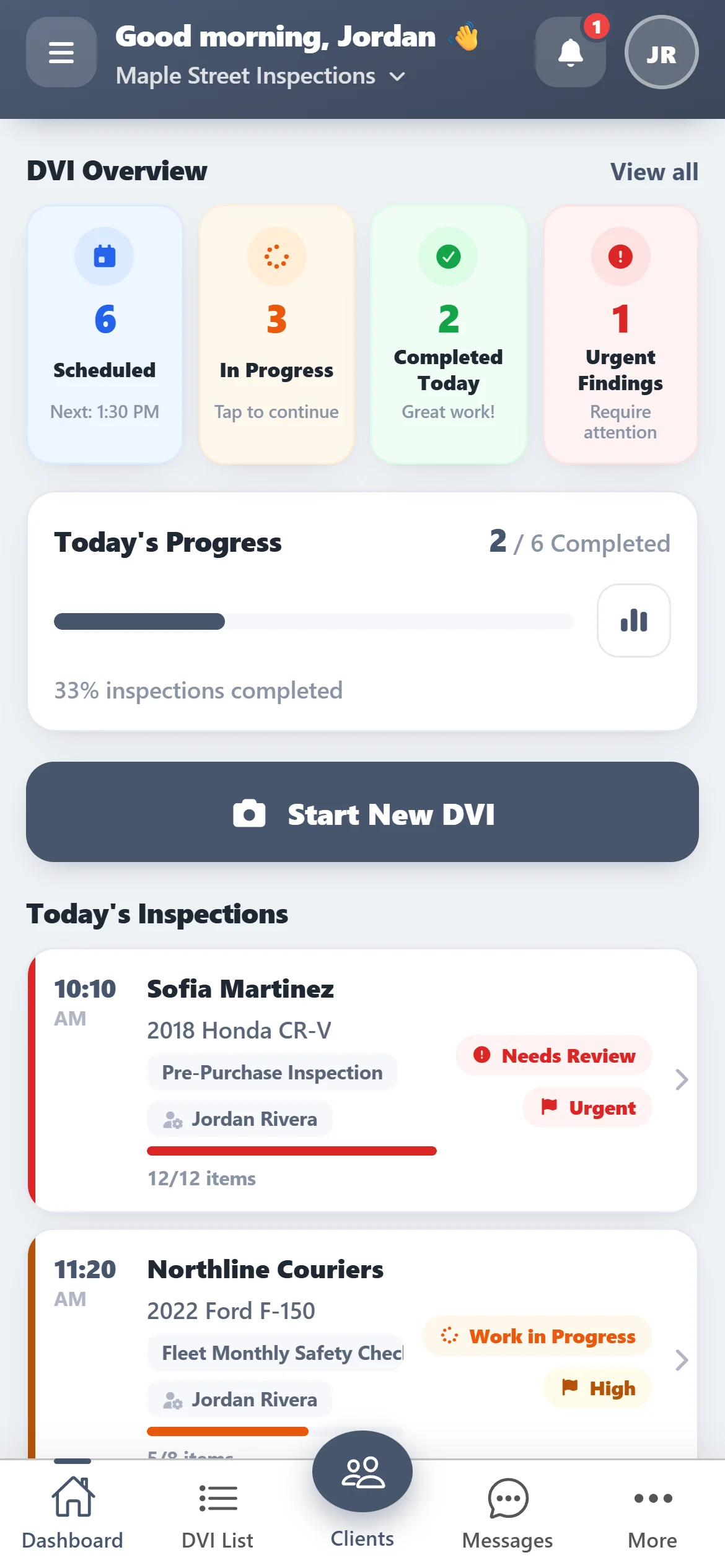 ASW DVI: dashboard with today's inspections and urgent findings
