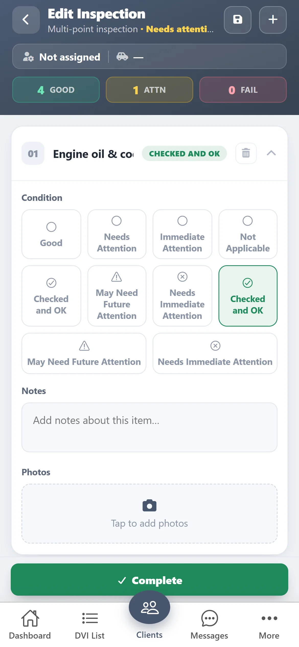 ASW DVI app: inspection item with condition buttons, notes and photos