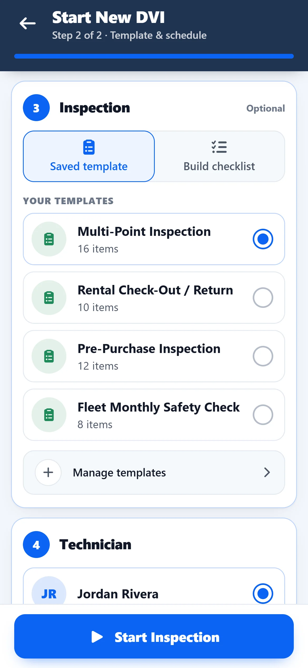ASW DVI app: Start New DVI — pick a saved template or build a checklist