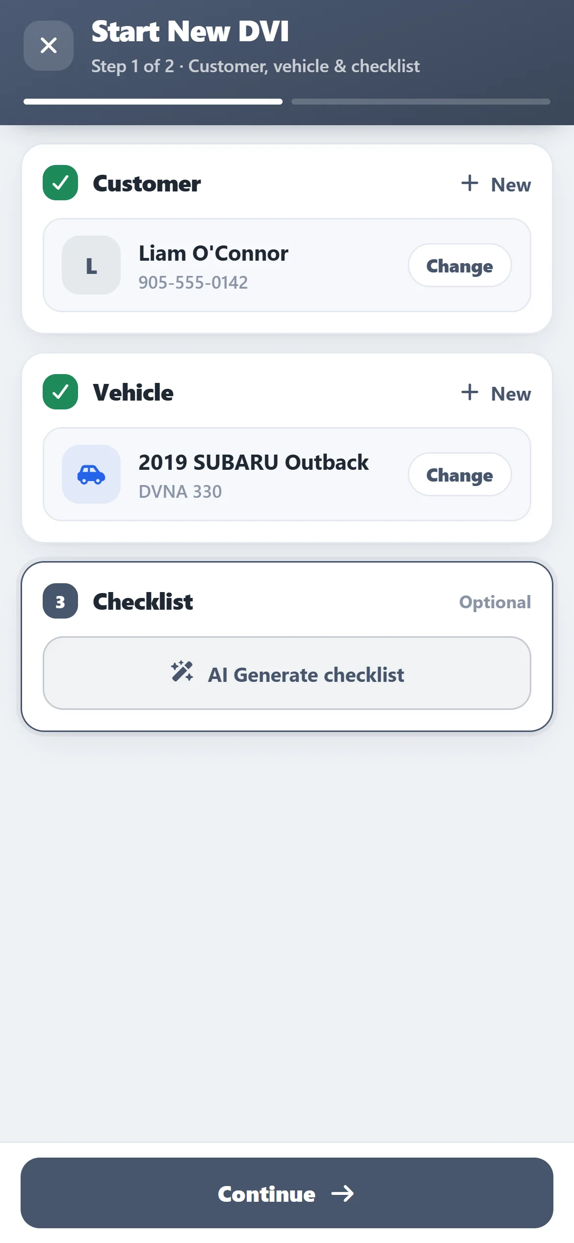 ASW DVI: Start New DVI with the customer and vehicle picked