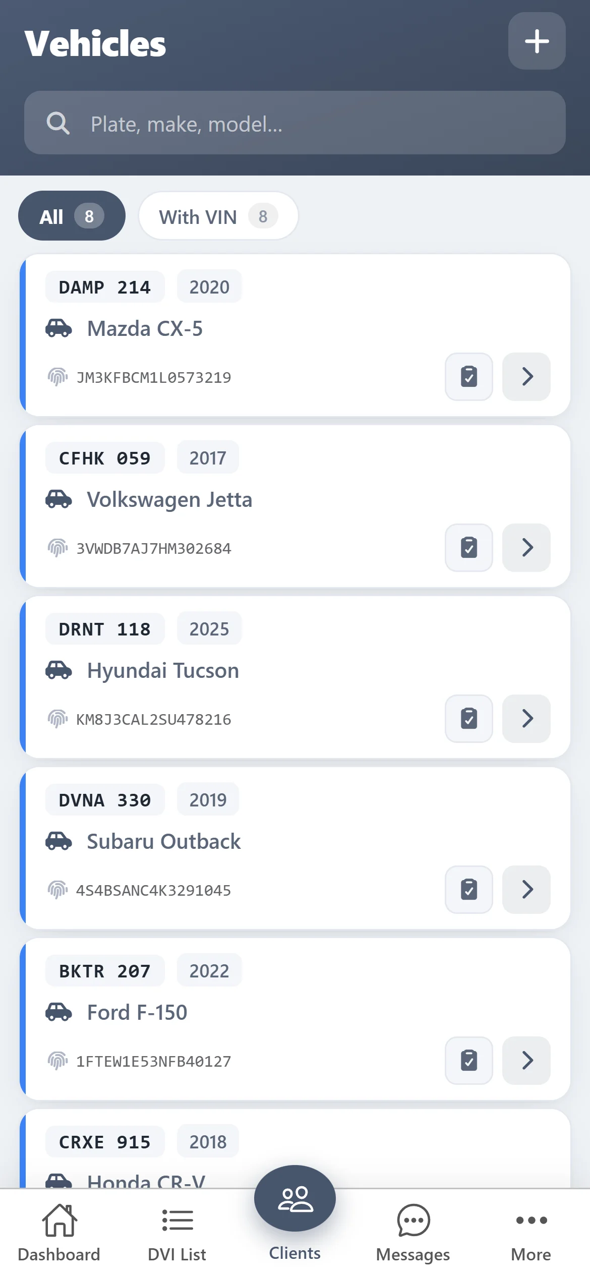 ASW DVI: vehicles list with plate, year and VIN