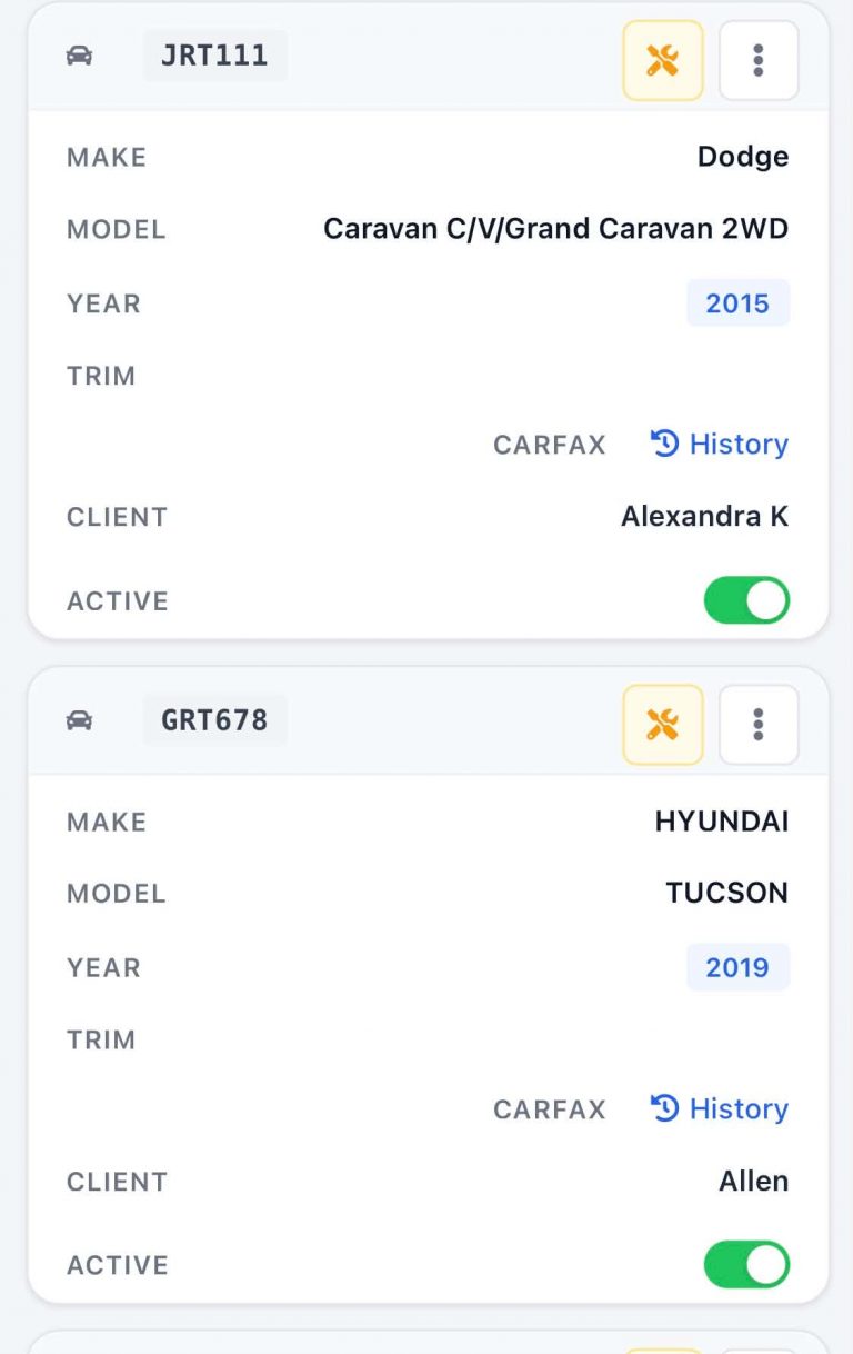 Vehicle list cards with plate, make, model, year and CARFAX history link