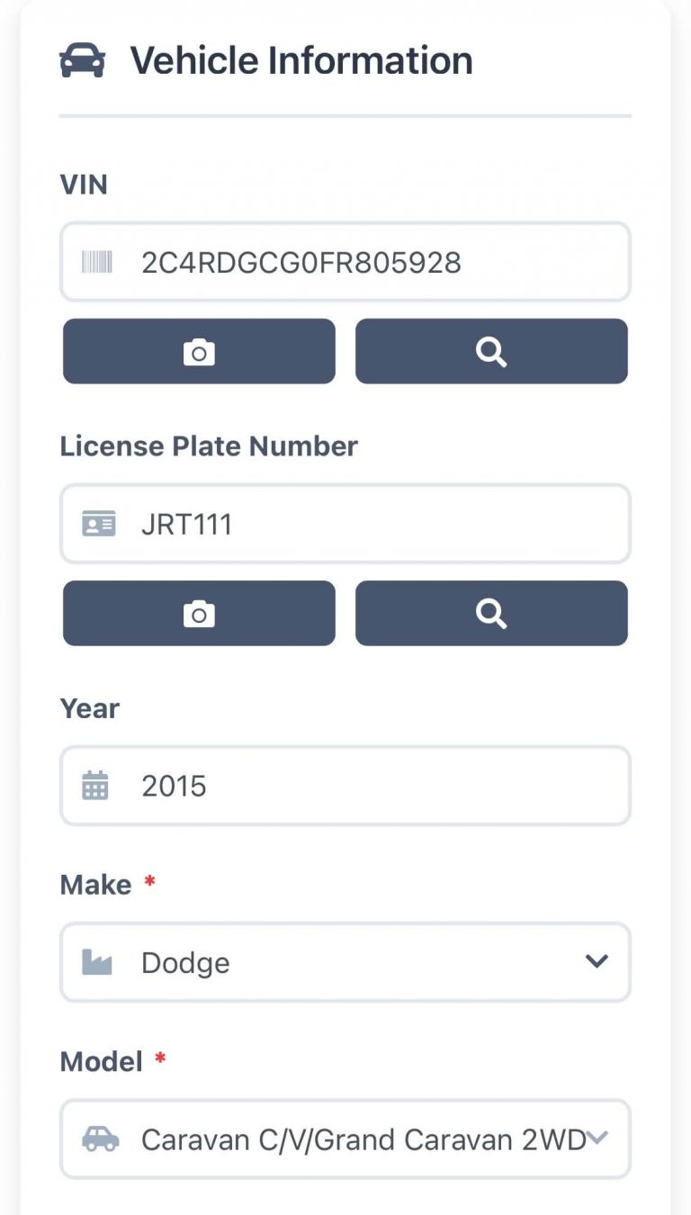 Vehicle information form filled in from a scanned VIN: plate, year, make and model