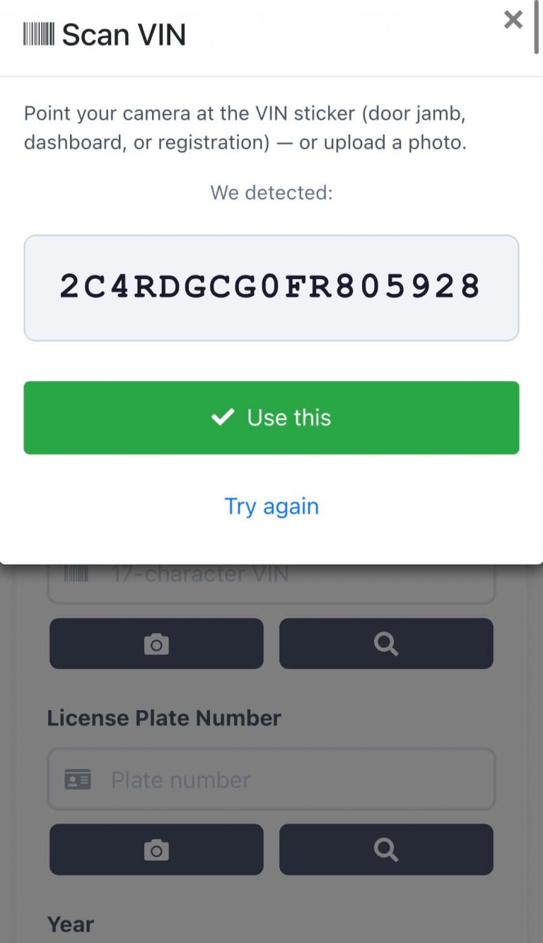 Scan VIN dialog showing the detected 17-character VIN with a Use this button
