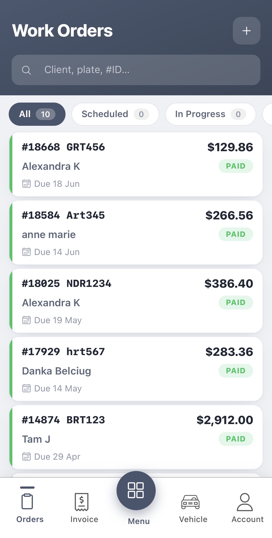AutoSoftWay mobile app — Work Orders list with amounts and paid status