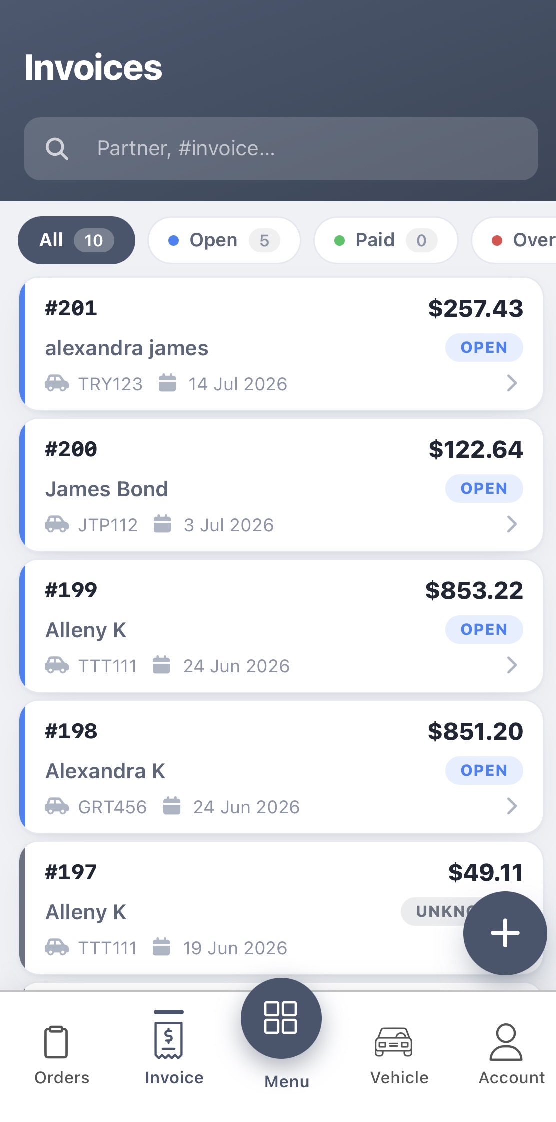 AutoSoftWay mobile app — Invoices list with Open Paid Overdue filters