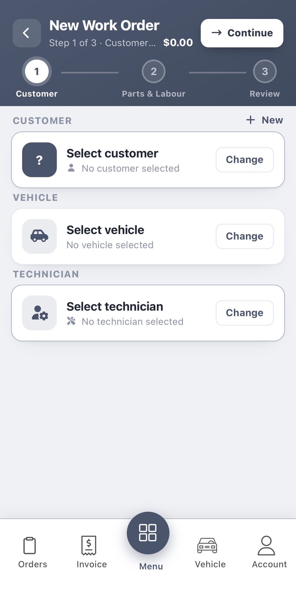AutoSoftWay mobile app — New Work Order wizard Step 1 Customer Vehicle Technician