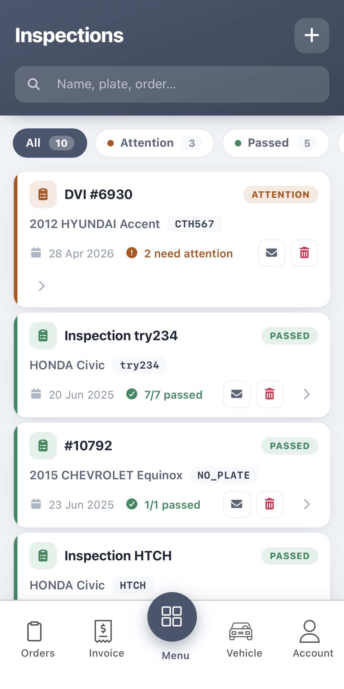 AutoSoftWay mobile app — Inspections list with Attention Passed filters and one-tap email