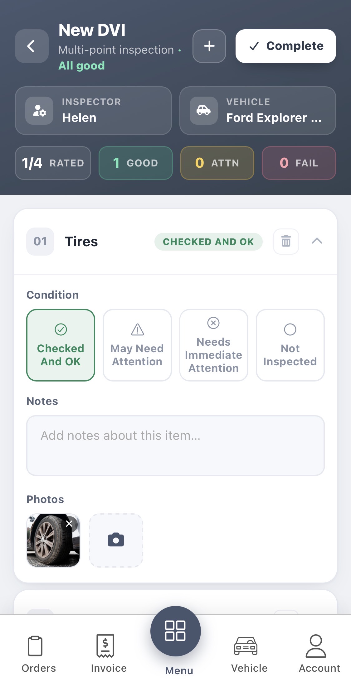 AutoSoftWay mobile app — Digital Vehicle Inspection with photos and condition rating