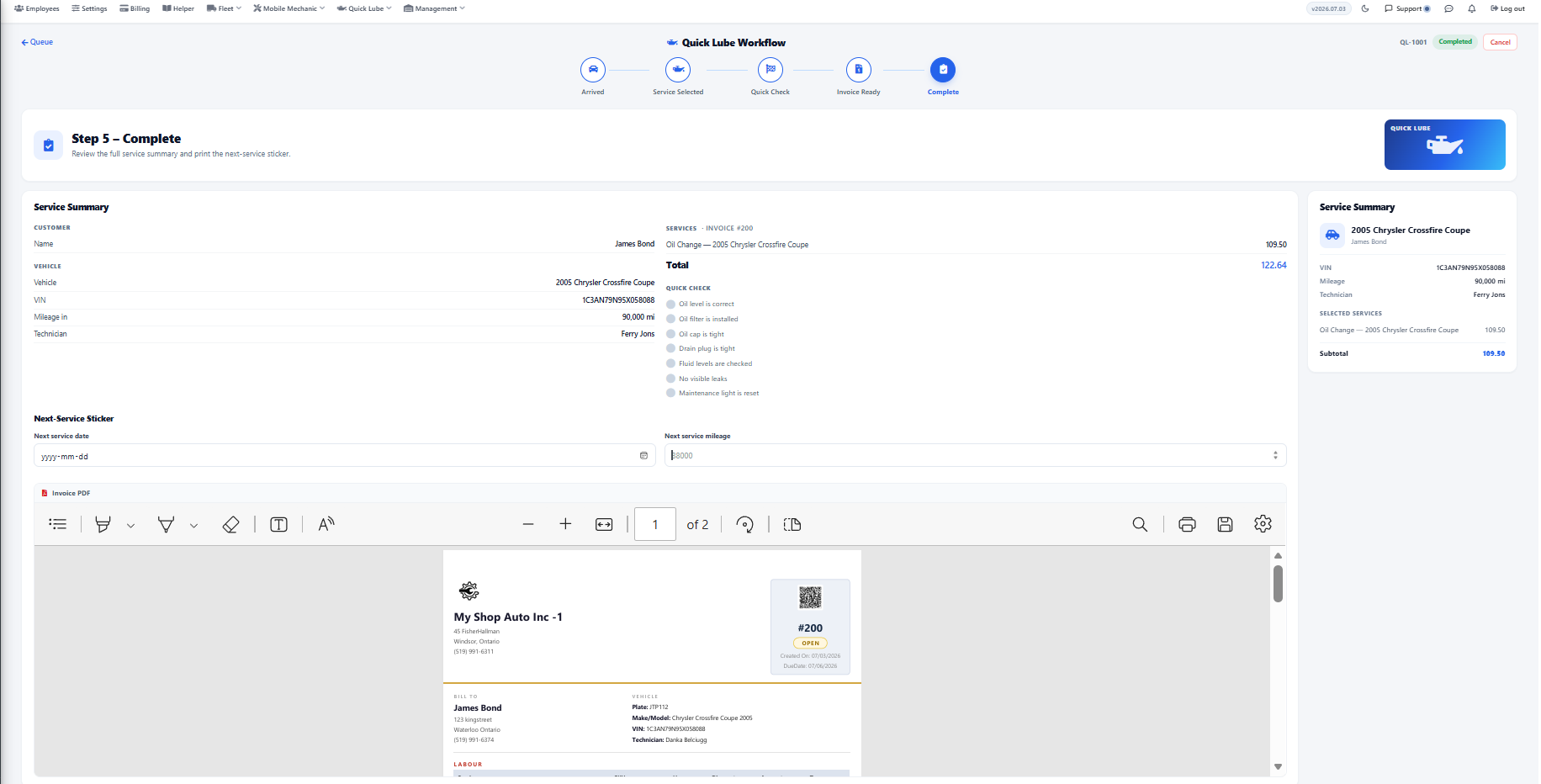 AutoSoftWay Quick Lube Workflow on step 5, Complete: progress stepper from Arrived to Complete, service summary with customer, vehicle, quick check items and the invoice PDF